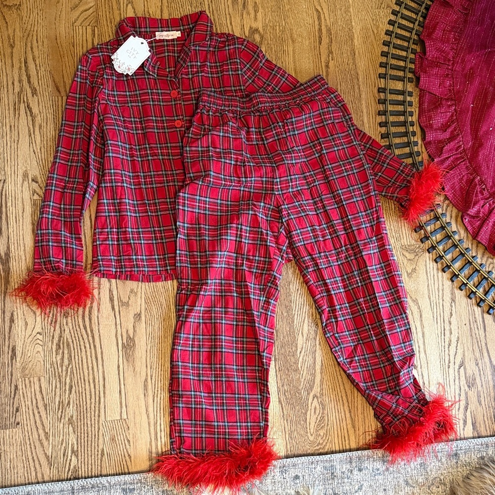 Ivy City Red Plaid Pajamas with Feather Trim